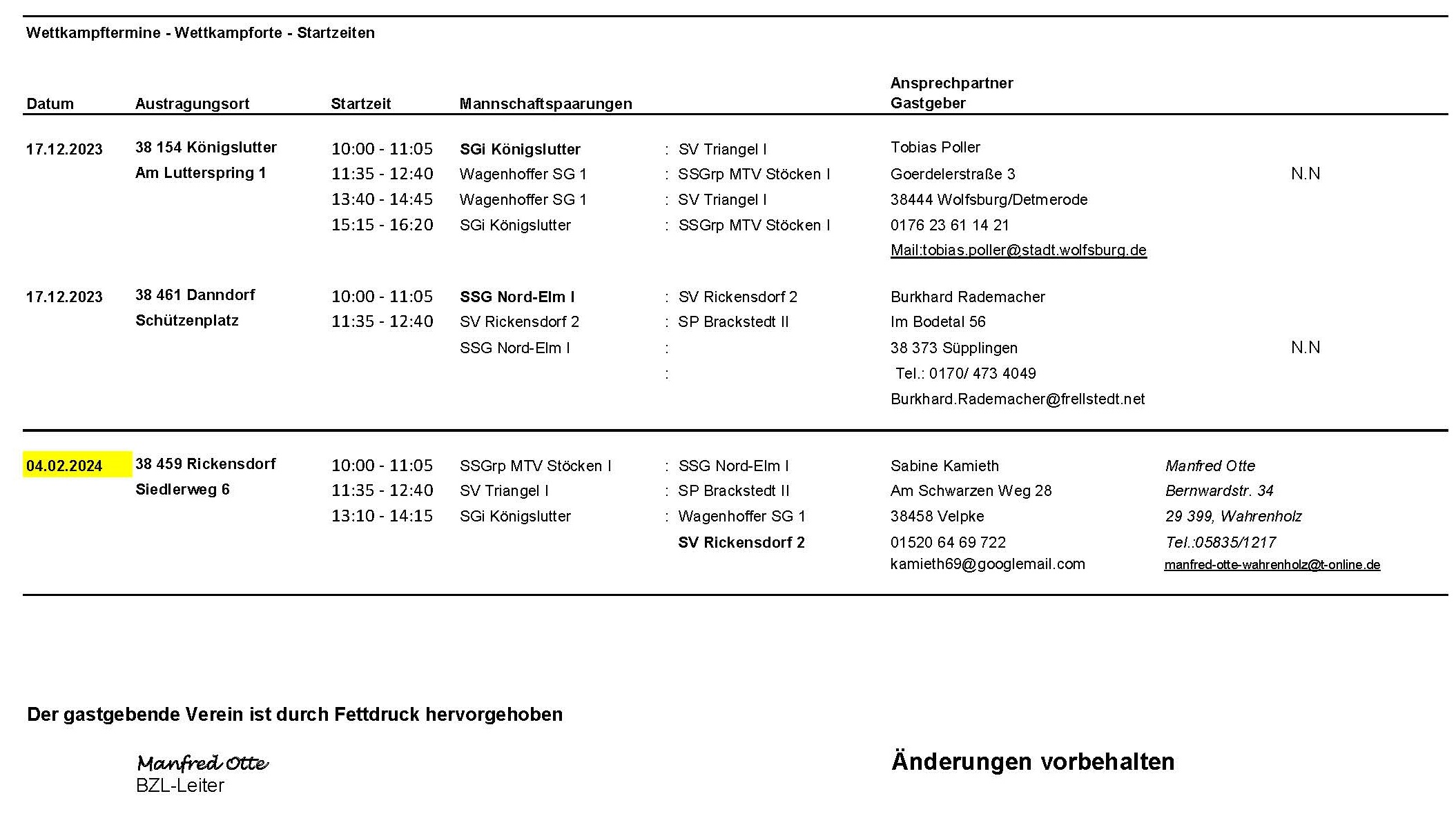 Zeitplan Luftpistole Bezirksliga Seite 2